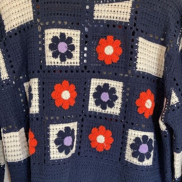 En Creme Womens Crochet Patchwork Crop Cardigan‎ Size L Navy Orange Cottagecore - Picture 10 of 10